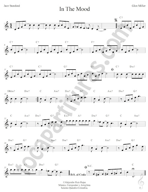 In the Mood de Glen Miller Partitura Fácil con Acordes In the Mood Easy Sheet Music with Chords