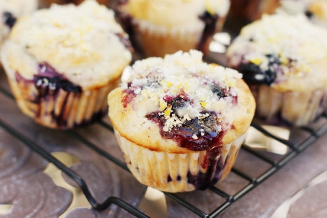 Double Blueberry Muffins with Citrus-Sugar ~ the combination of fresh blueberries, blueberry preserves, and a sprinkling of citrus-sugar make these muffins extra delicious!