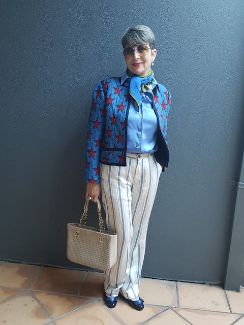 wide leg white pants&blue stripes|blue silk blouse|blue jacket & red stars
