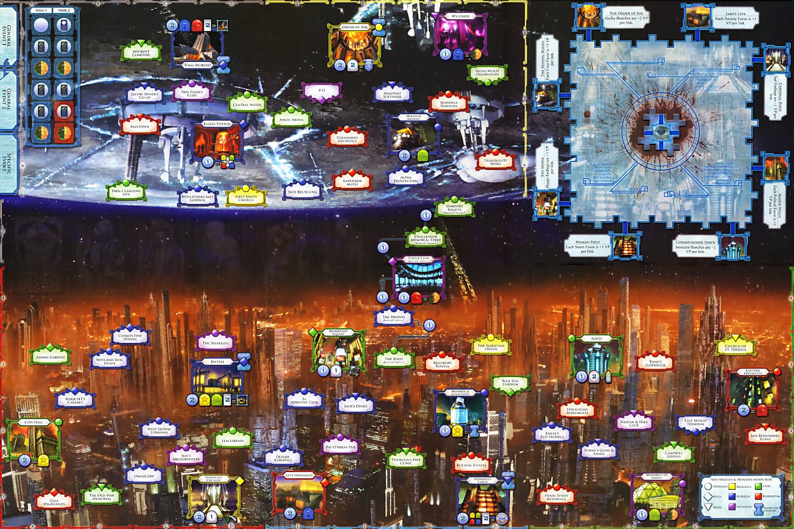 The actual board of the Android board game featuring New Angeles, The