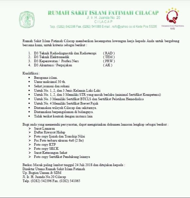 Lowongan Pekerjaan Karir Perawat Di Rsi Fatimah Cilacap 2018 Lowongan Pekerjaan Karir Perawat Di Rsi Fatimah Cilacap 2018