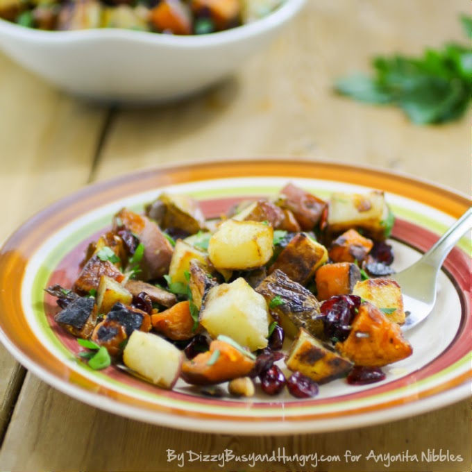 A serving of roasted potatoes with cranberries and pecans from Dizzy, Busy & Hungry for Anyonita-nibbles.co.uk