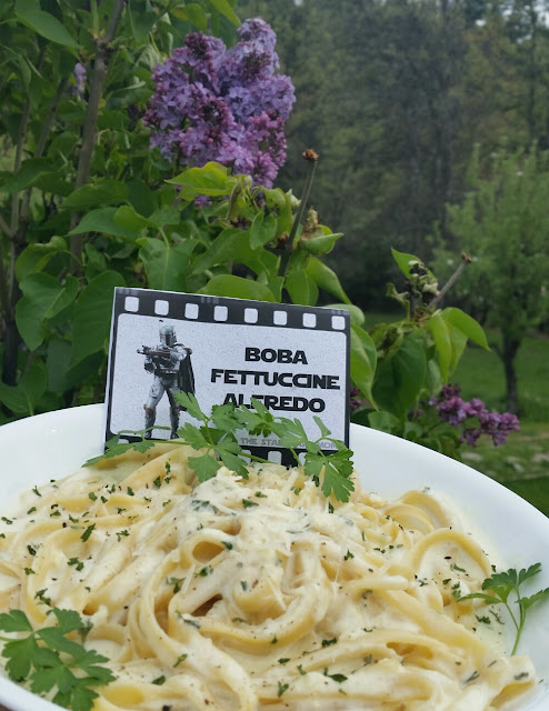 Boba Fettuccine Alfedo Recipe and Label Star Wars Party Food