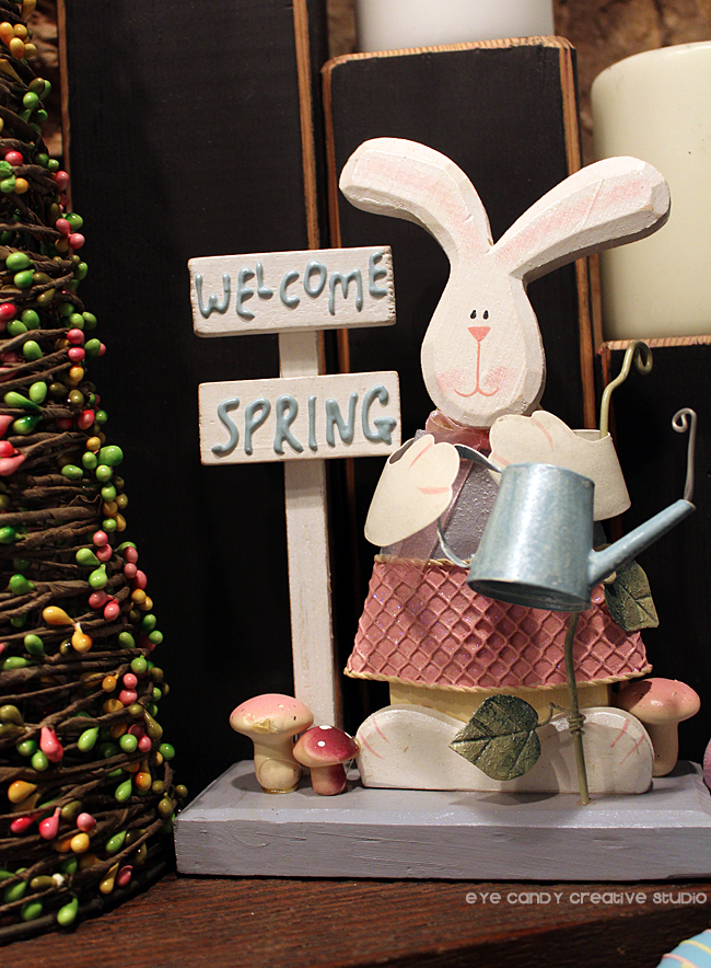 welcome spring, bunny, bunny decor, easter tree, spring mantel decor
