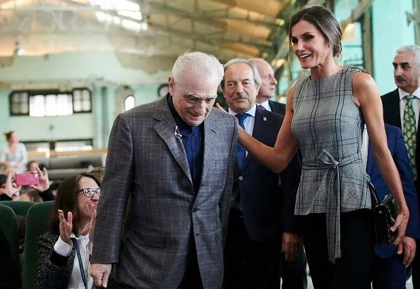 Queen Letizia wore a checked top with bow by Zara. Fabrica Scorsese meeting. Princess of Asturias Awards 2018