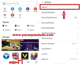 pengaturan add-ons pada uc browser