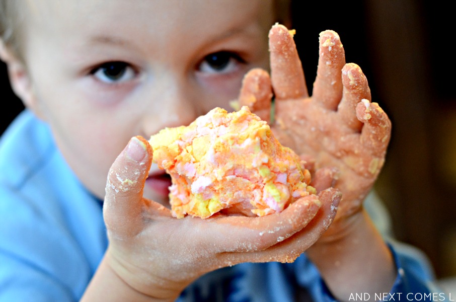 Messy sensory play for toddlers and preschoolers with citrus scented easy dough from And Next Comes L