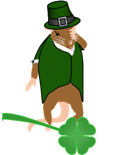 Image: Frank the mouse holds his forehead in a facepalm, wearing a green tailcoat and a green capotain hat. A shamrock lies on the ground, about the size of Frank's head. 