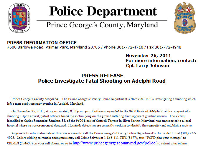 The Capital Region Pulse PRESS RELEASE Man Shot, Killed in Adelphi, MD
