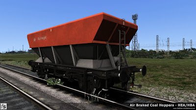 Fastline Simulation - HBA/HEA Coal Hoppers: An HEA hopper resprung from an early HBA hopper with central ladder and small supports at the hopper corners in Railfreight flame red and grey livery.