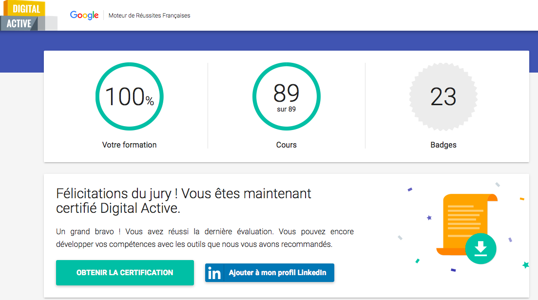 Certification google digital active obtenue | LOVE-MOI Seo Hero, référencement ecommerce et