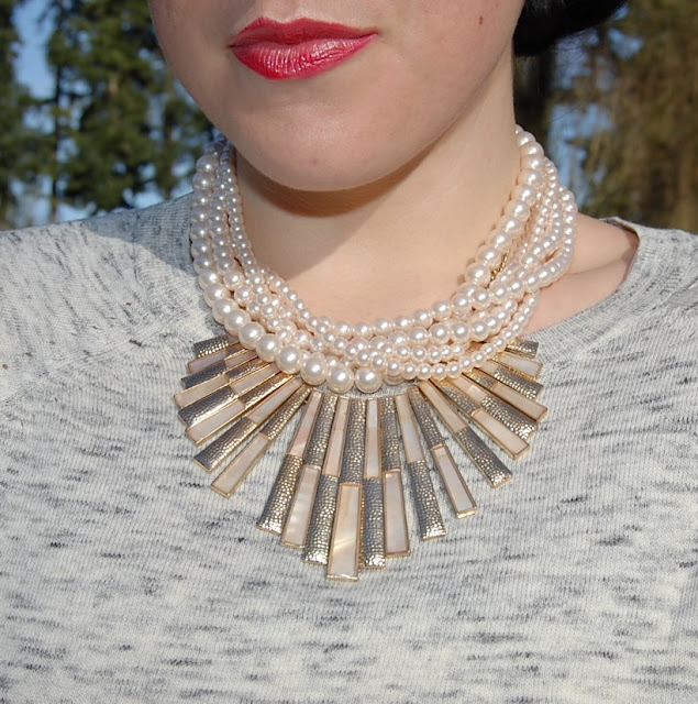 Forever 21 pearl necklace, gold matchstick necklace and red lipstick