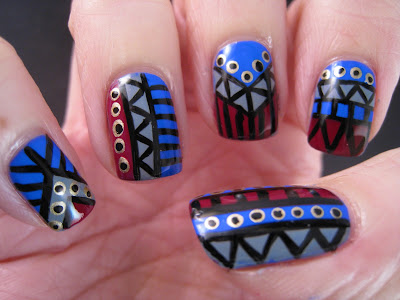Tribal-nail-art-blue-grey-red-gold-manicure