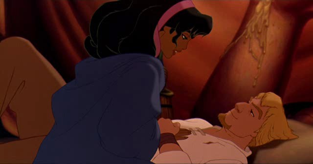 Esmeralda comforting Phoebus The Hunchback of Notre Dame 1996 animatedfilmreviews.blogspot.com