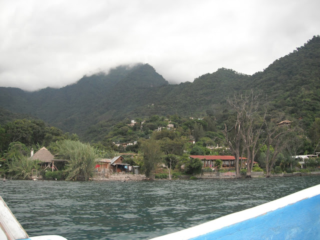 view from a lancha on Lake Atitlan, Guatemala lancha view boat Lake Atitlan Guatemala
