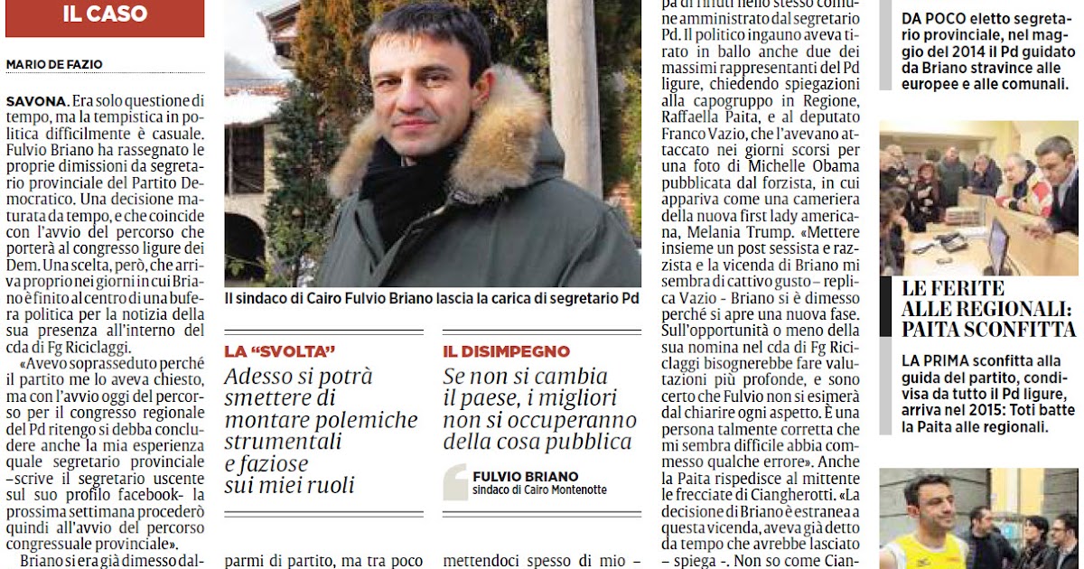 ALASSIOFUTURA Savona Il segretario Pd provinciale Fulvio Briano, sindaco uscente a Cairo