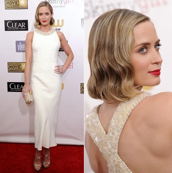 Emily Blunt in Miu Miu, metallic Prada sandals. Emily carried an embellished box clutch and lightly accessorized with Graziela jewels