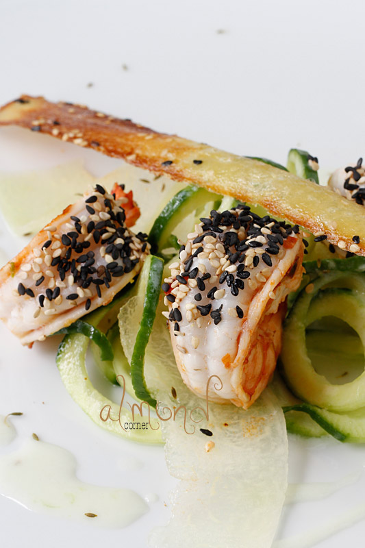 Almond Corner Prawn with meloncucumber salad and sesame tuiles