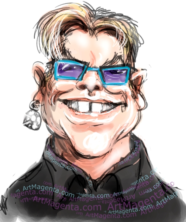 Elton John caricature cartoon. Portrait drawing by caricaturist Artmagenta
