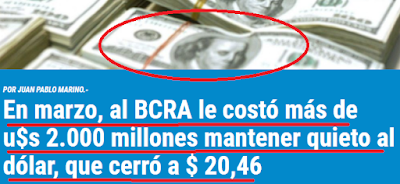 Dólar: el banco central del equipo macrista sacrificó en marzo un total de u$s 2.040,4 millones de sus reservas