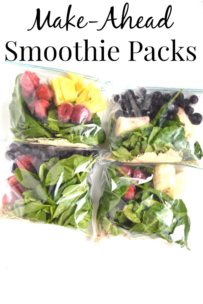 Four make-ahead smoothie pack combinations that are stored right in your freezer! Save time by making these freezer smoothie packs ahead that just require 1 cup of liquid and blending to have breakfast or snack ready in no time. www.nutritionistreviews.com