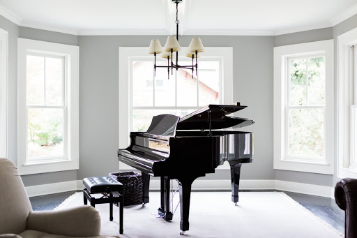 Grand piano in modern farmhouse living room