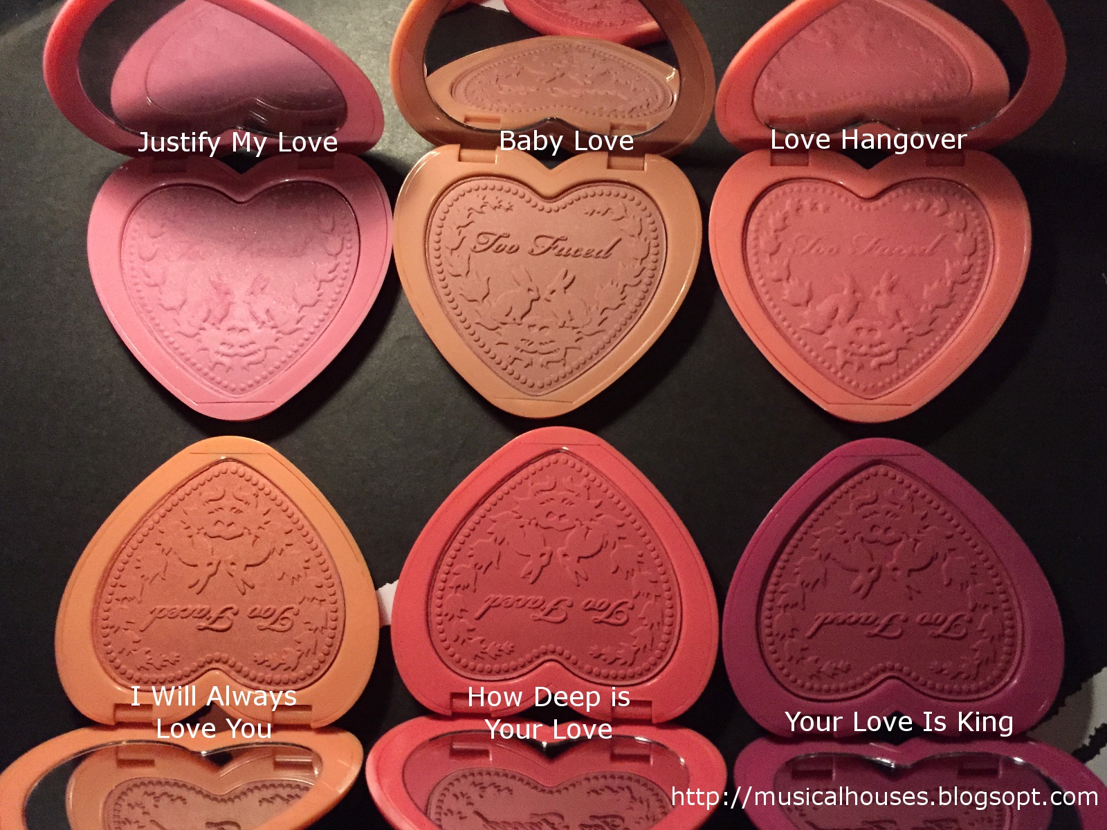 Too Faced Love Flush Blush Swatches of Faces and Fingers