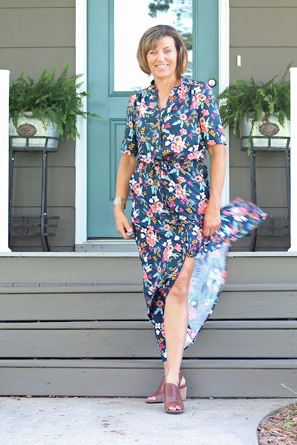 Style Maker Fabrics' Les Fleurs Birch Floral Rayon Navy sewn into a Simplicity 8084  maxi dress, designed by Mimi G