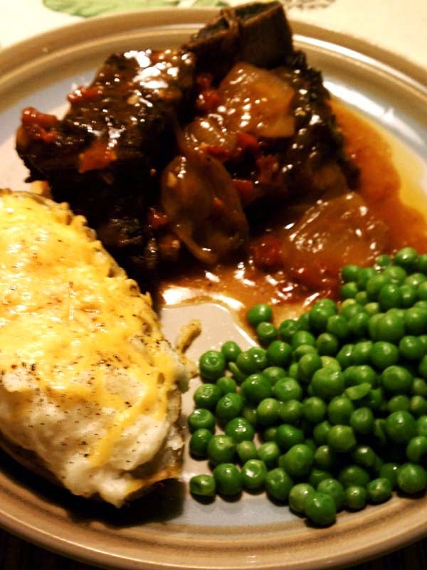 Slow Cooked Short Ribs with Baked Potatoes and Green Peas