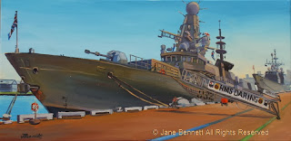 plein air oil painting by artist Jane Bennett of HMS Daring at Barangaroo during International Fleet Review