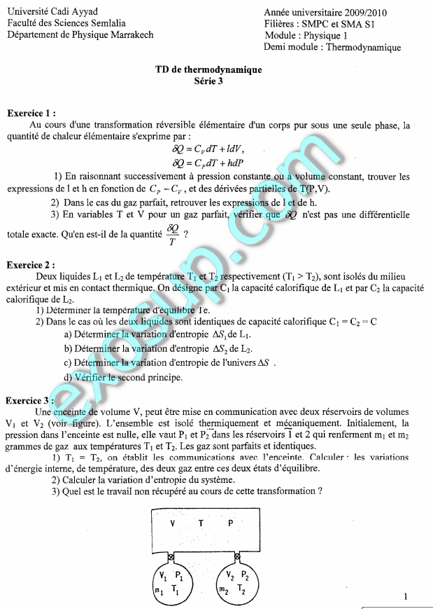 serie n°3 + corrigé Thermodynamique SMPC et SMA S1 fssm 0910