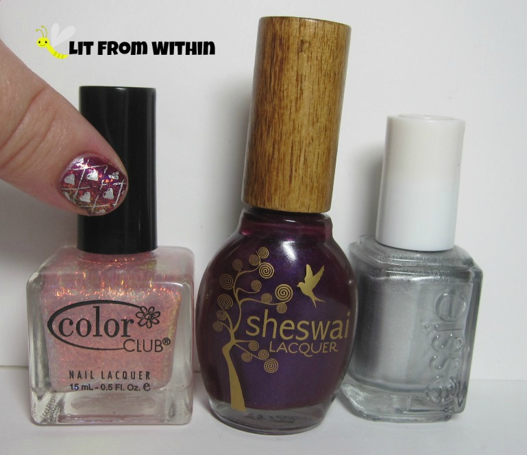 Bottle shot:  Color Club Pink Planet, Sheswai Yowza, and Essie No Place Like Chrome