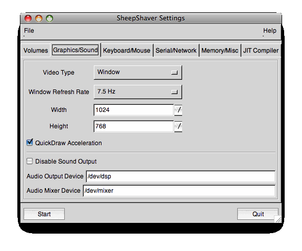 The SheepShaverGUI Graphics/Sound tab