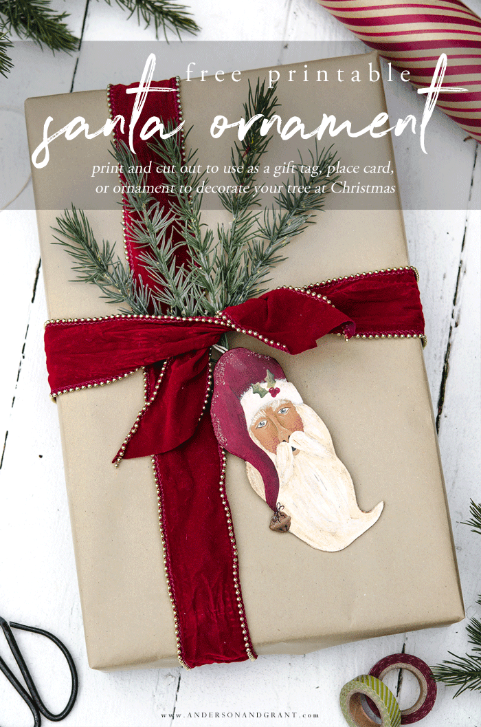 Download and print this hand painted Santa ornament to use as a gift tag on your Christmas gifts, place card for your holiday table, or to decorate your own tree.  |  www.andersonandgrant.com