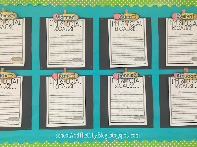Great ideas for the first day or first week of school! I love this writing board. Collect students' writing all year long, then turn it into a portfolio at the end of the year so parents can see progress and have a nice keepsake. {School and the City blog}