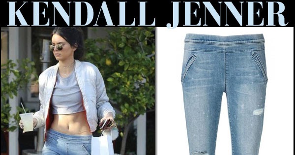 Kendall Jenner in white satin bomber jacket and ripped skinny jeans at ...