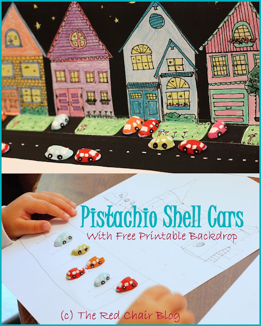 Kid toy car craft using painted pistachio shells at The Red Chair Blog