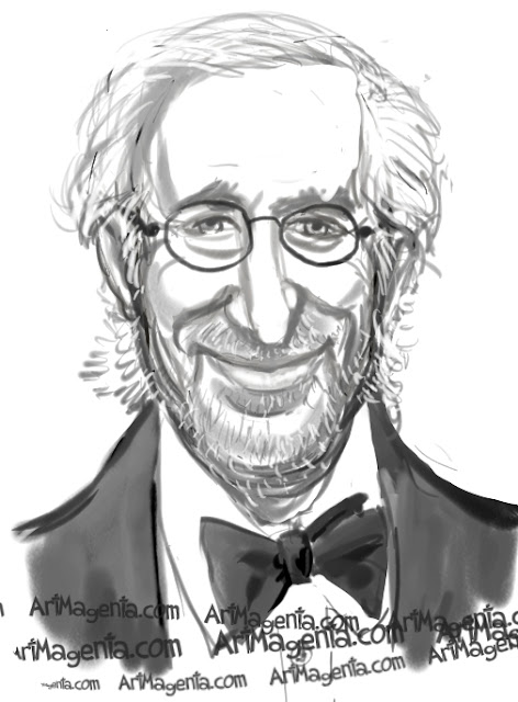 Steven Spielberg caricature cartoon. Portrait drawing by caricaturist Artmagenta.
