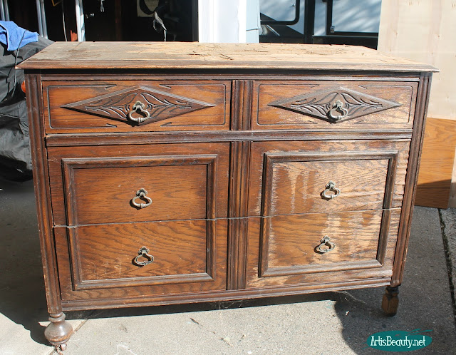 roadside rescued dresser chest of drawers makeover before veneer removal and repair