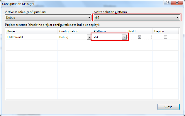 Updating the Platform of the Visual Studio project in the Configuration Manager Window