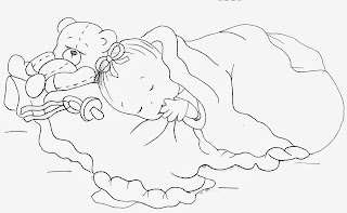 desenho bebe menina dormindo com cobertor e ursinho para pintar