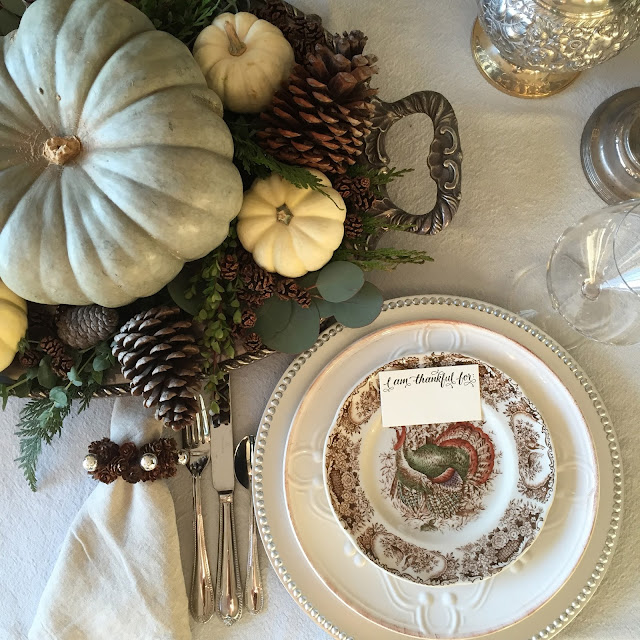 Maison de Cinq: Thanksgiving Tablescape with Pinecones and Pumpkins