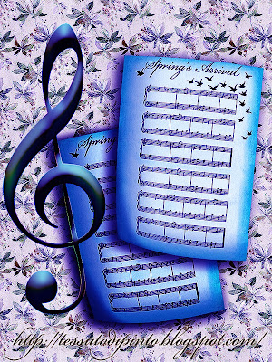 Soggetto decorativo con spartiti musicali azzurri e chiave di violino blu