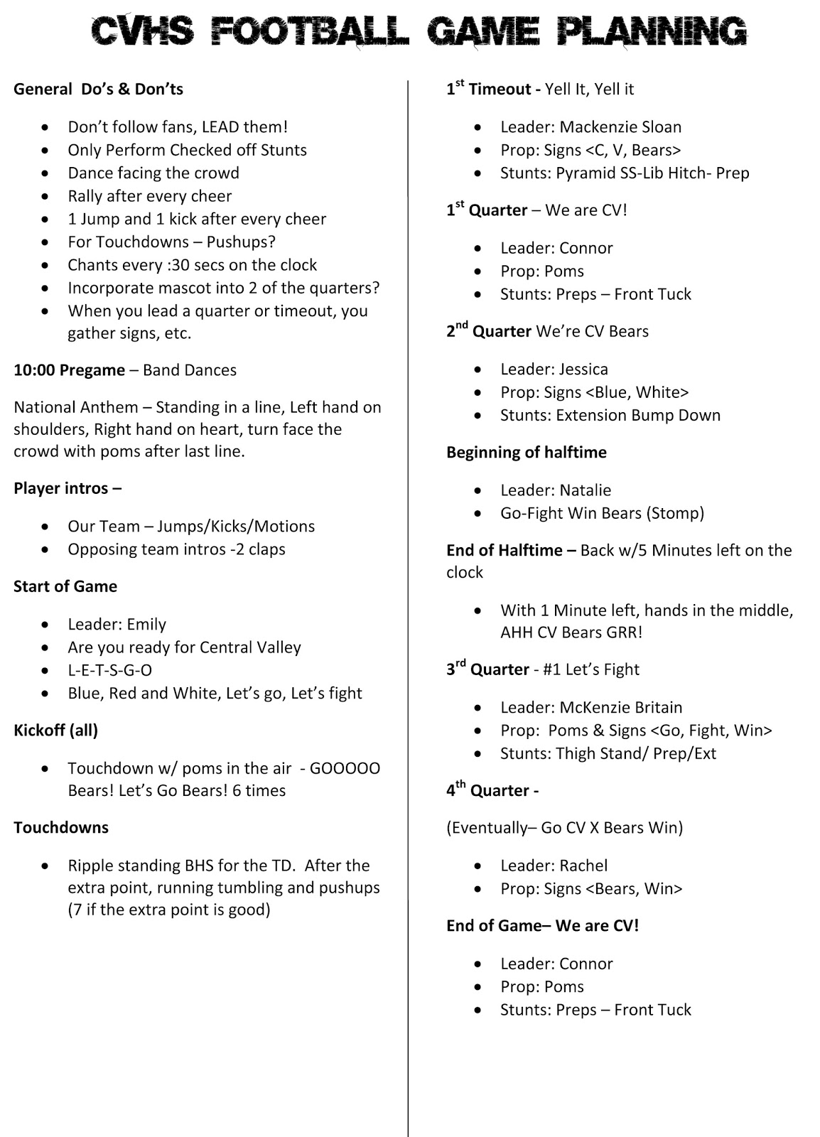 Central Valley HS Cheerleading Go Bears Football Game Plan Central Valley HS Cheerleading Go Bears Football Game Plan