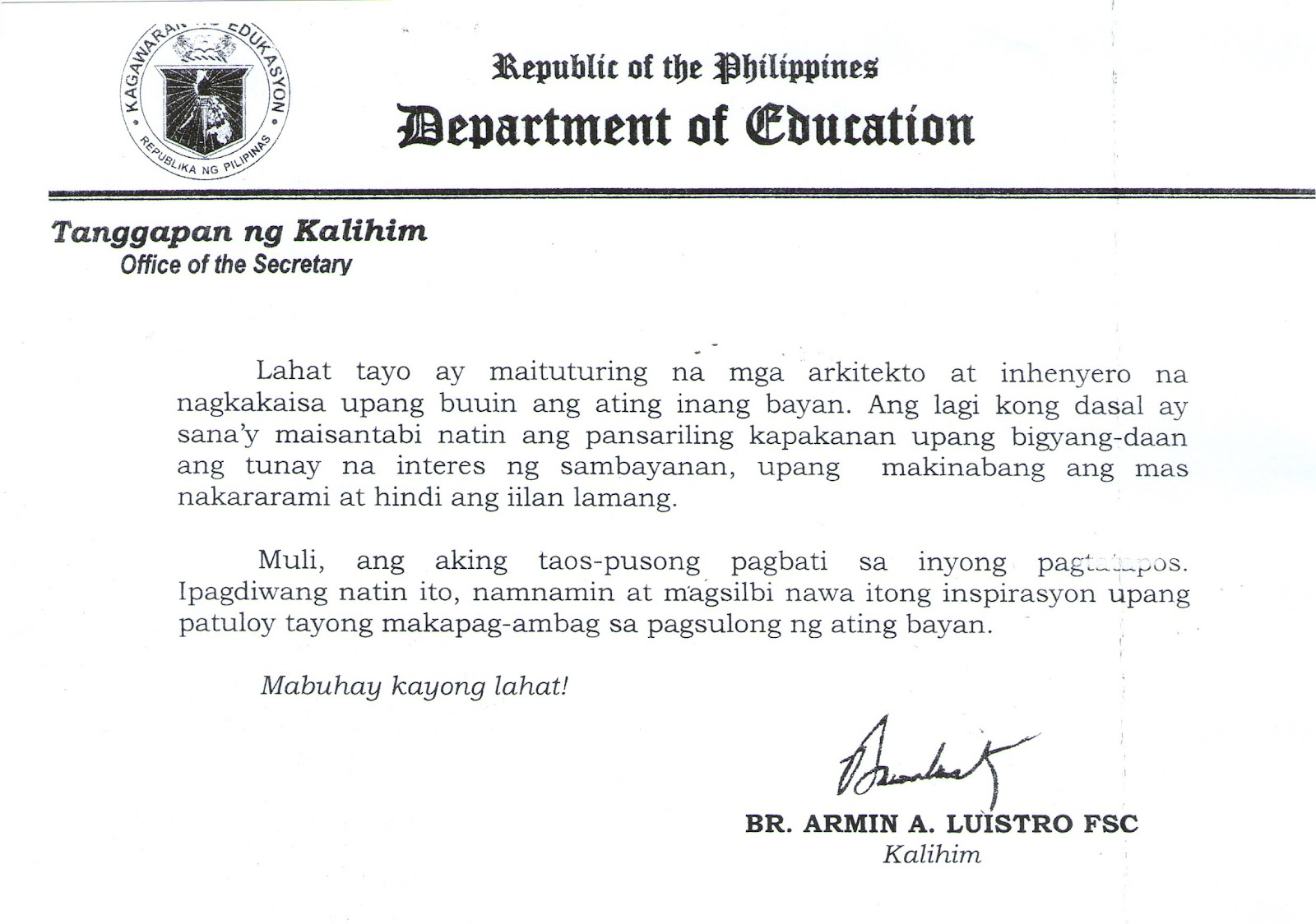 Department of Education Manila: Mensahe ni Kalihim Br. Armin Luistro