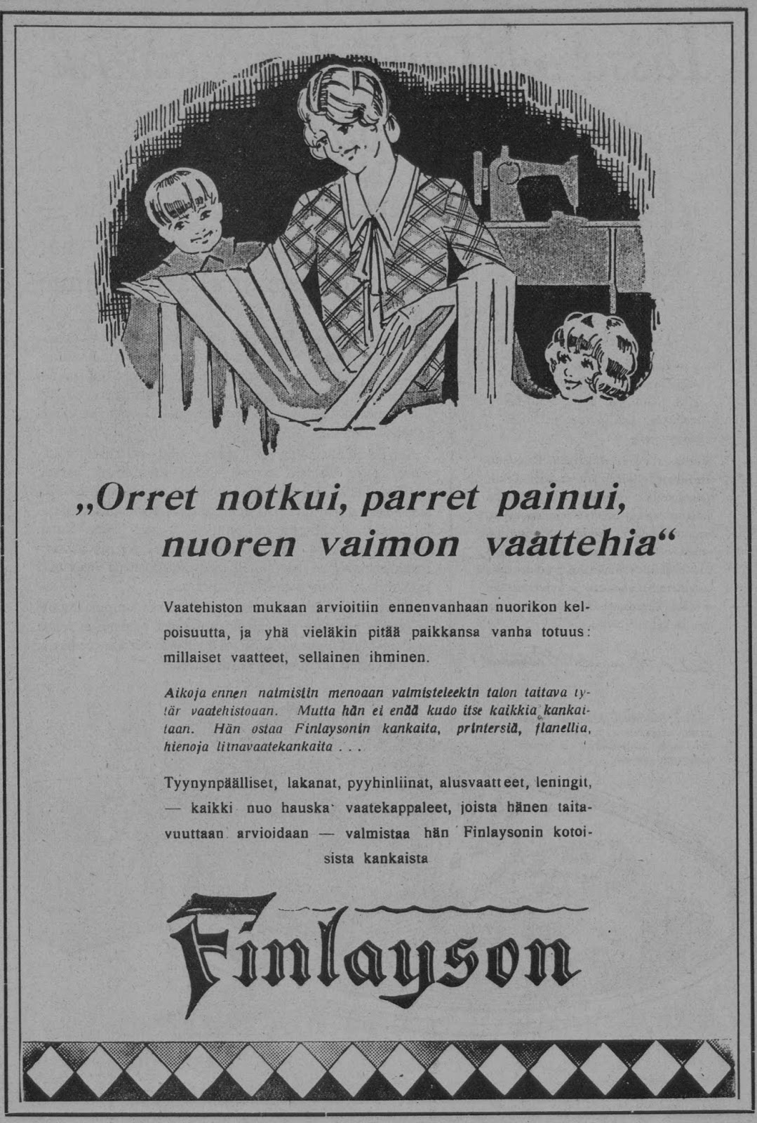 Vanhoja mainoksia Finlayson 1928