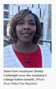 snapshot photo of Shelby Cartright and caption from story: State Farm employee Shelby Cartwright uses the company's college-tuition benefit. (Photo: Russ Wiles/The Republic)