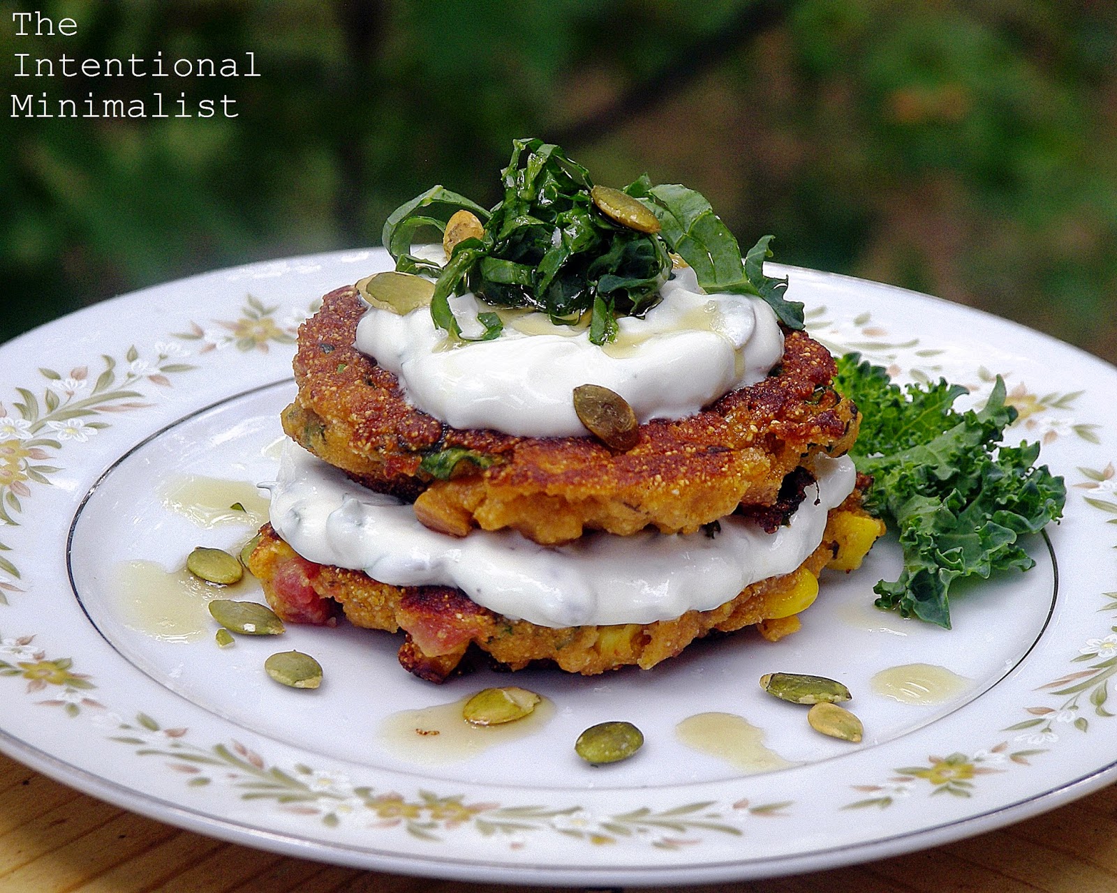The Intentional Minimalist Kale Fritters with Pumpkin Seed Cream Sauce