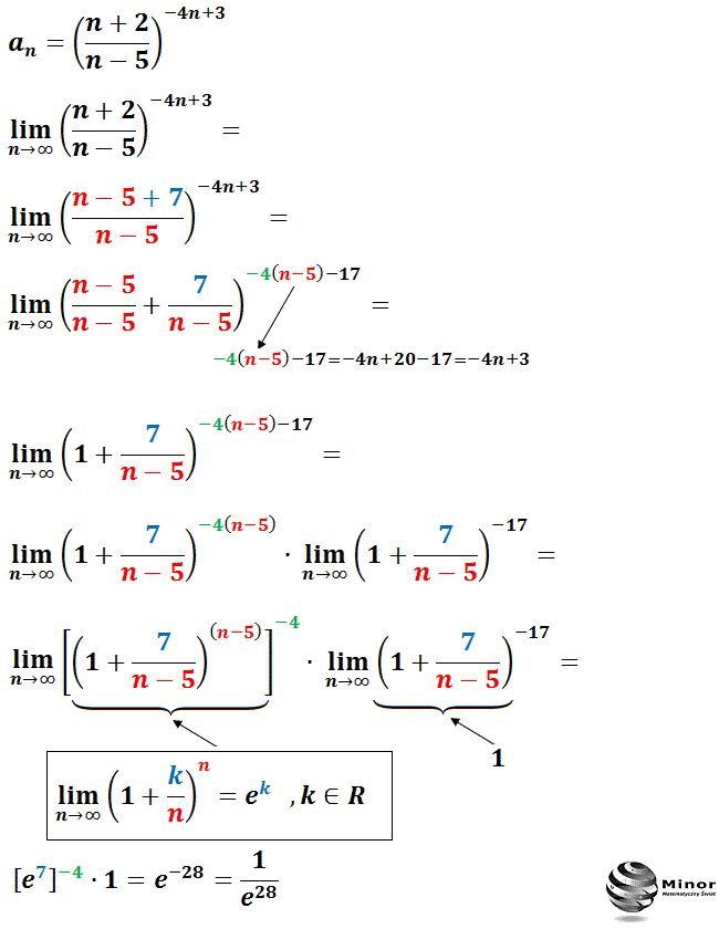 Wyznacz granicę ciągu liczbowego, gdy n->∞:   an=[(n+2)/(n-5)]^(-4n+3)