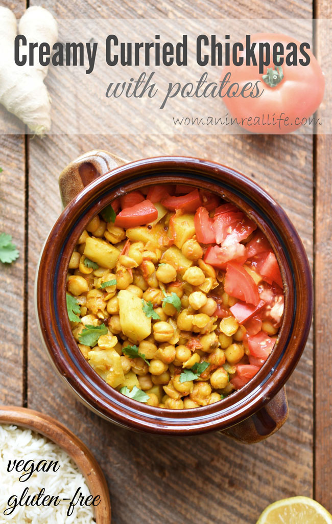 This recipe for Creamy Curried Chickpeas with Potatoes is both vegan and gluten-free. It can be ready in under an hour and most of that time is cooking time, so you can be doing other things (like browsing Instagram or catching snippets of your fave show on Netflix). #vegan #wholefoods #glutenfree #healthy #plantbased  #recipe